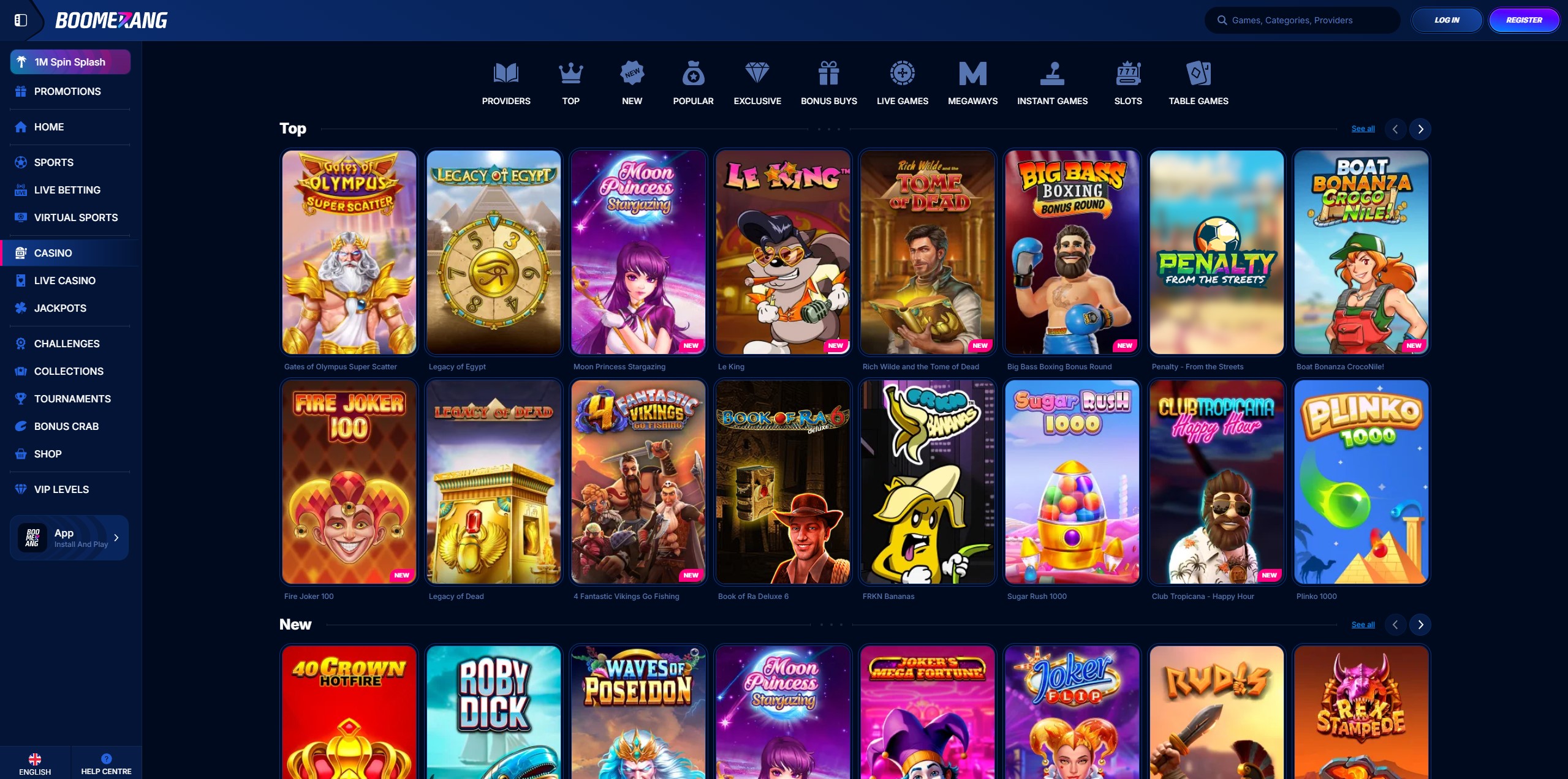 Boomerang Casino mit Spielautomaten und Live-Tischen
