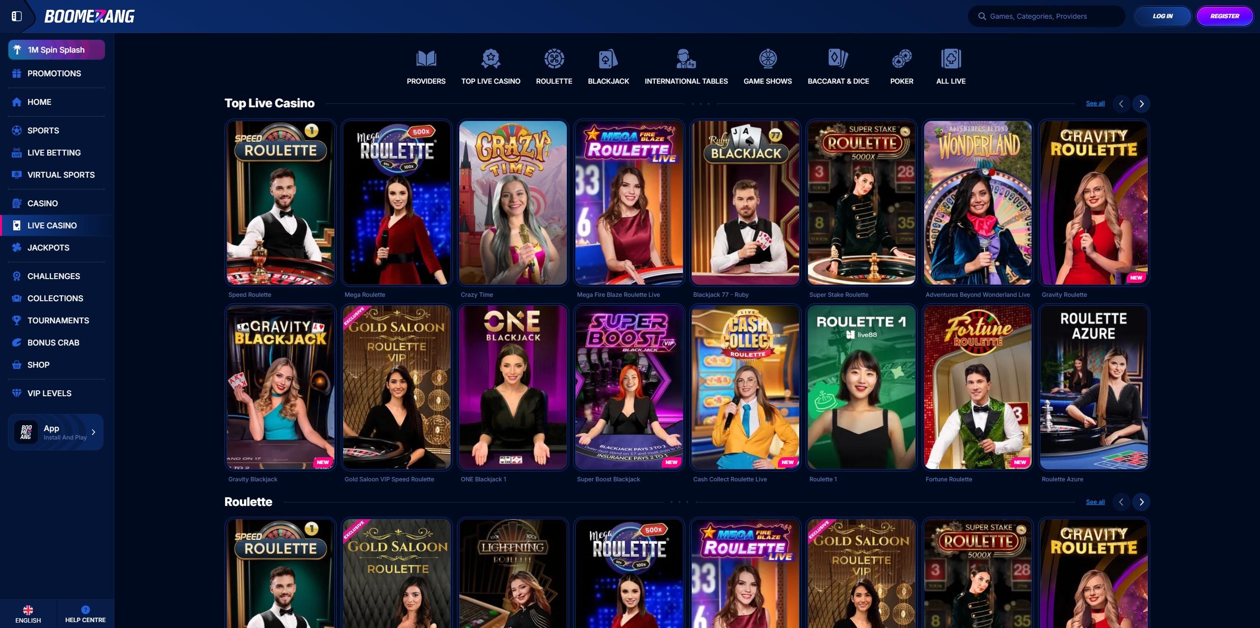 Live-Casino im Boomerang Bet mit echten Dealern am Roulette- und Blackjack-Tisch