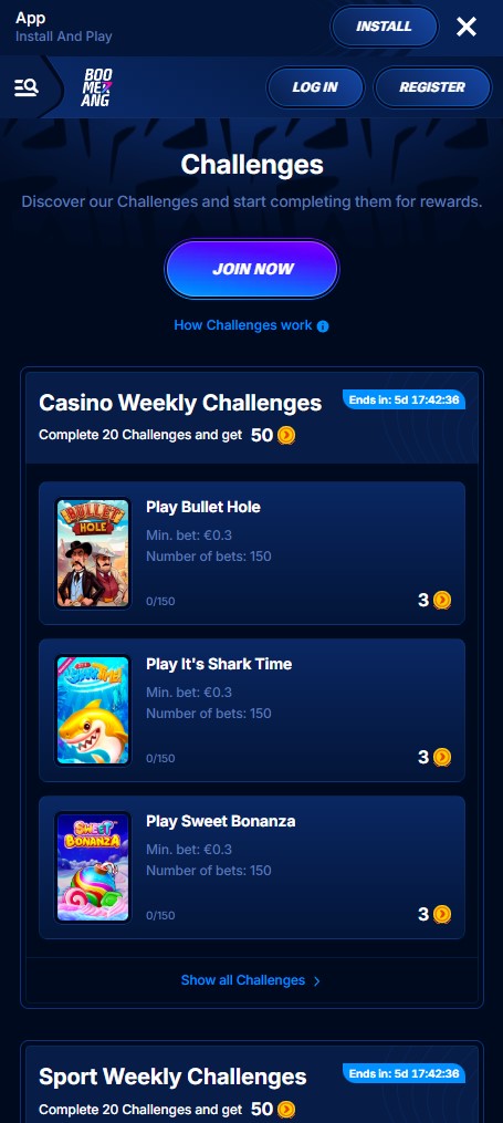 Challenges und Aufgaben mobil bei Boomerang Bet